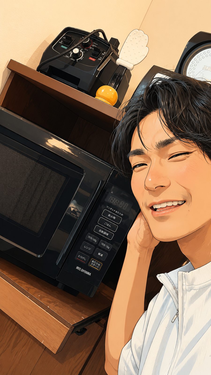 編集長ゆうき。電子レンジに頬を寄せる宅配食マニア